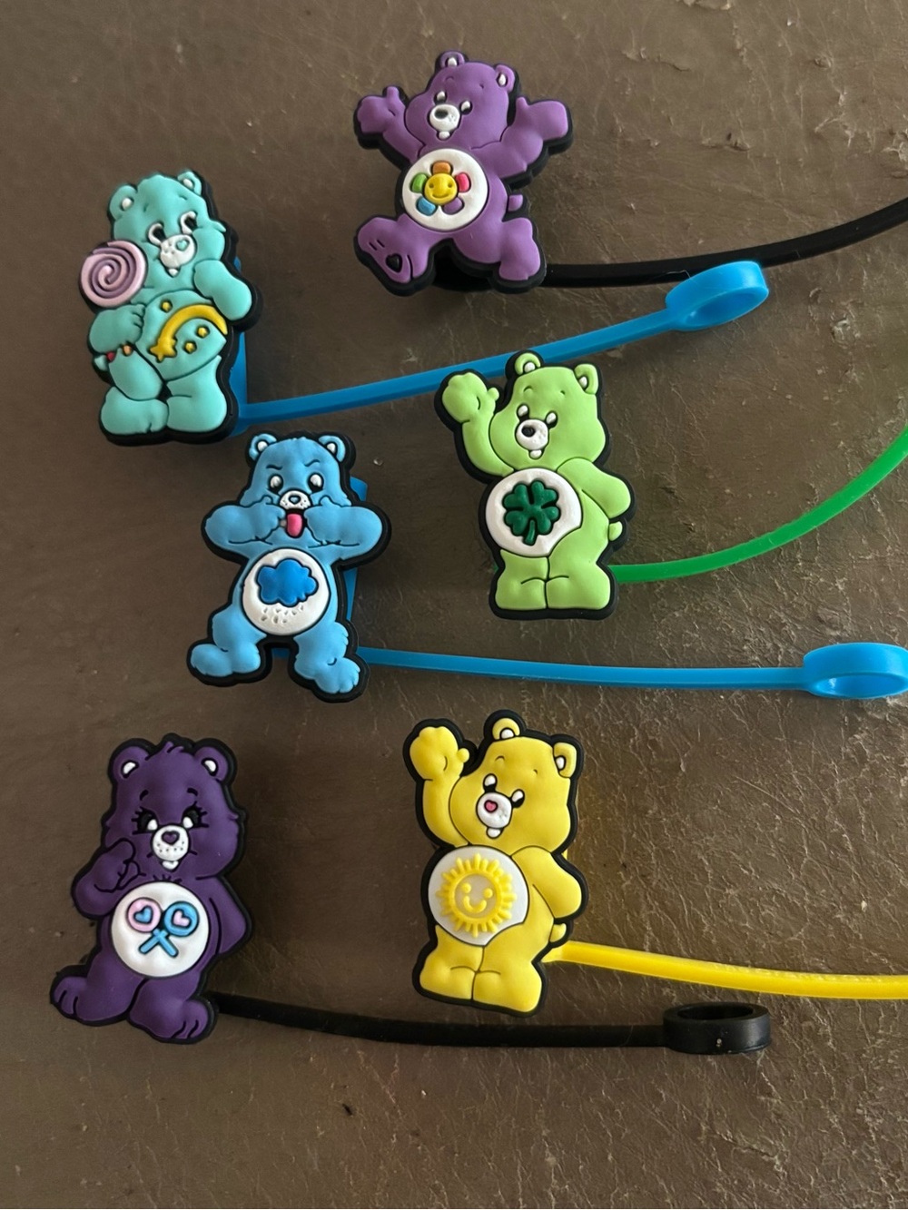 New Lot of 6 Unbranded Multicolored Care Bears Silicone Straw toppers.  RT 15.99